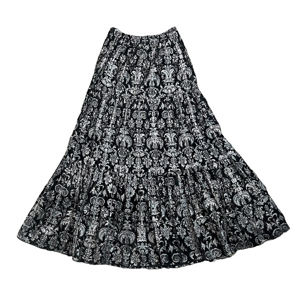 Double D Ranch Dresses & Skirts - Double D Ranch Wear LARGE Black Silver Velvet Pull On Tiered Maxi Romantic Skirt